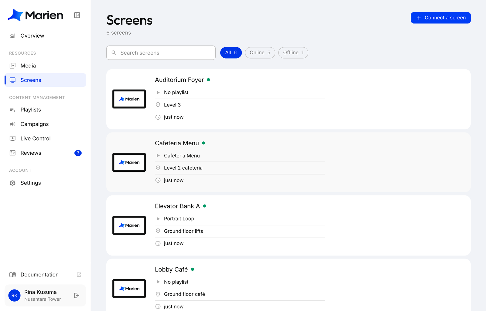 The Screens page